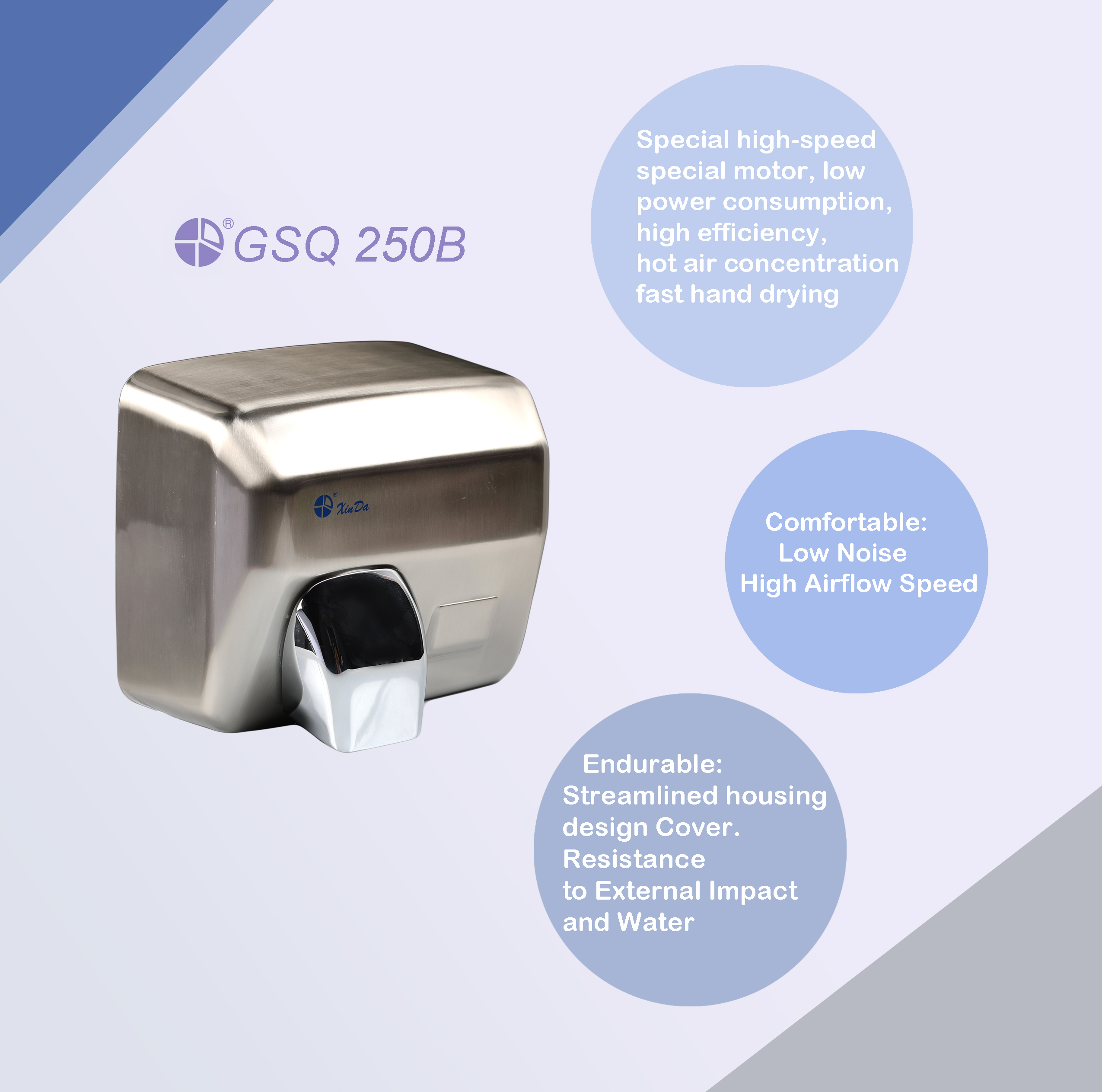 Secador de manos con sensor comercial automático de bajo ruido para inodoro de cantimplora de alta calidad XinDa GSQ250B
