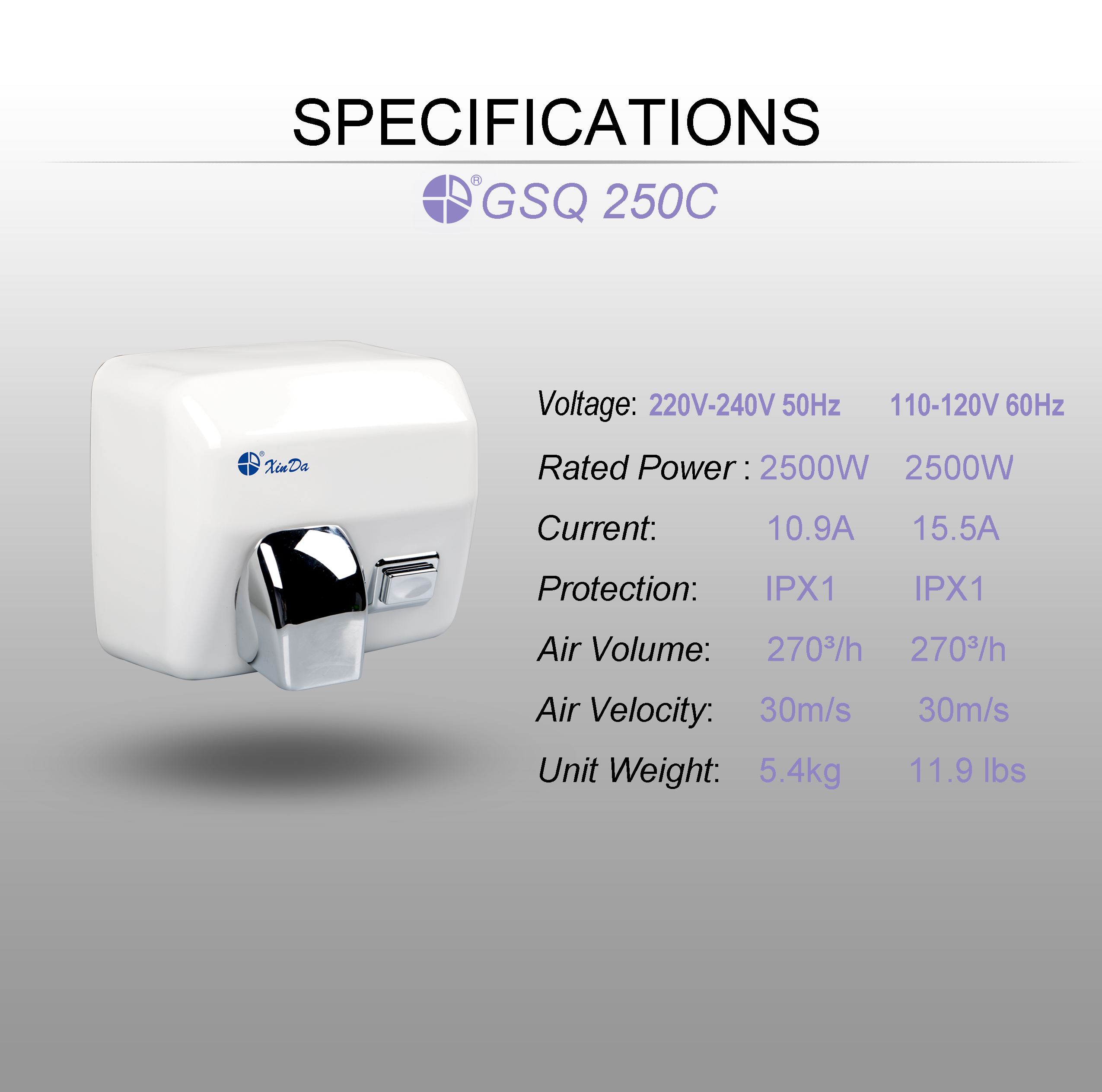 Los secadores de manos automáticos a batería de alta calidad al por mayor XinDa GSQ250C White Wholesale